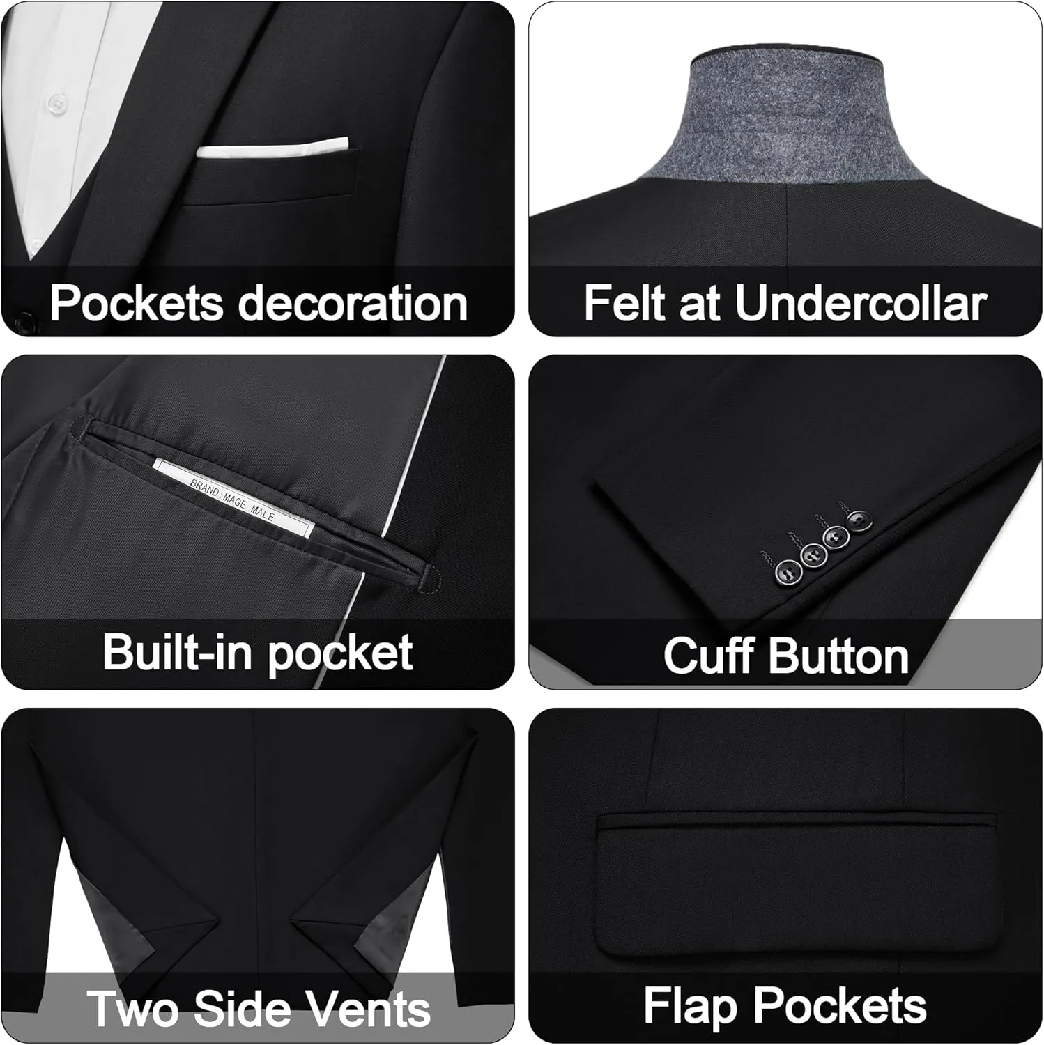 MAGE MALE Men's 3 Pieces Suit Elegant Solid One Button Slim Fit Single Breasted Party Blazer Vest Pants Set