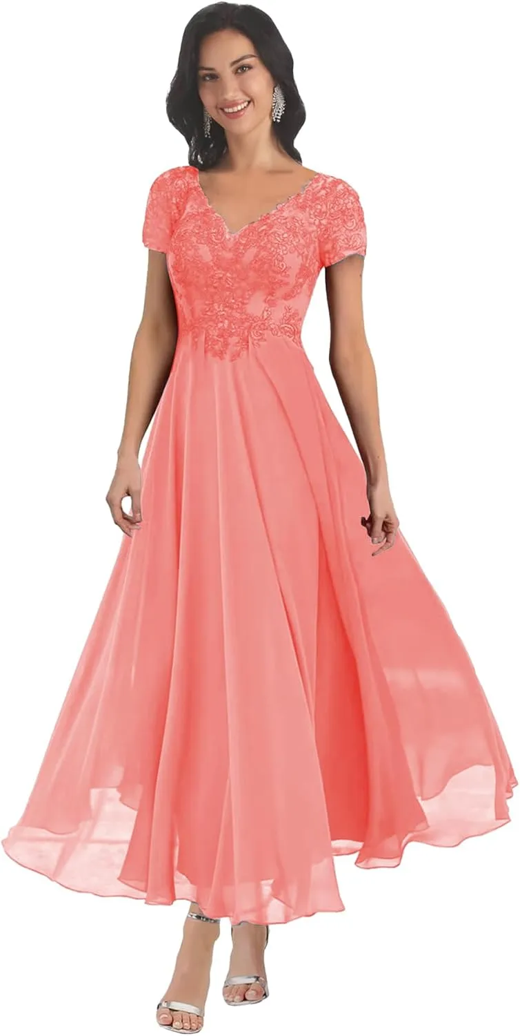 MAGGCIF Lace Mother of The Bride Dresses with Sleeves Chiffon A Line Long Formal Evening Gowns