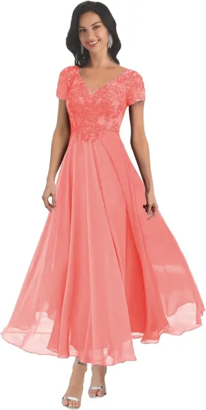 MAGGCIF Lace Mother of The Bride Dresses with Sleeves Chiffon A Line Long Formal Evening Gowns
