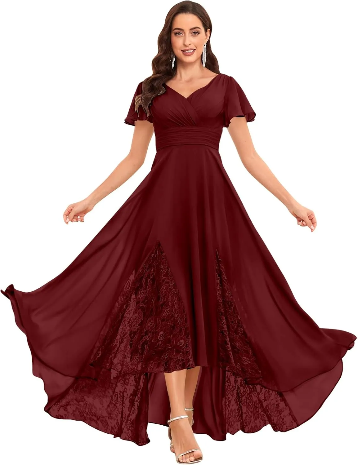 MAGGCIF Lace Tea Length Mother of The Bride Dresses with Sleeves Chiffon Ruffle Long Evening Formal Wedding Guest Dress