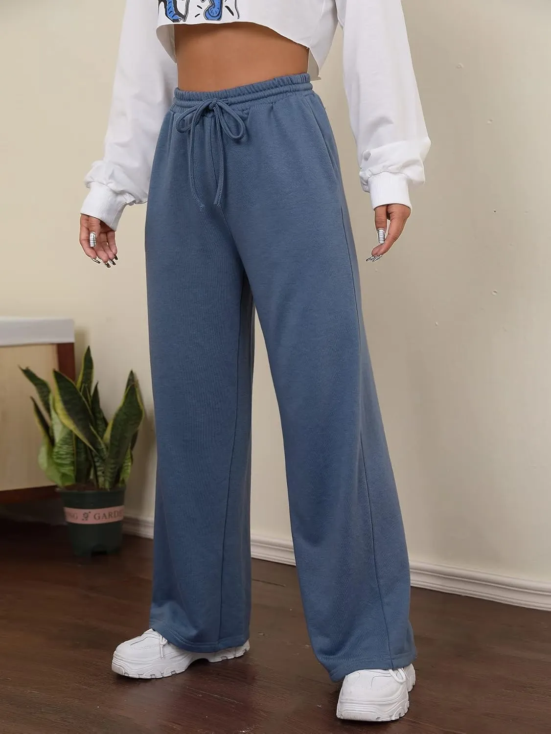 MakeMeChic Women's Wide Leg Sweatpants Drawstring High Waist Straight Leg Casual Loose Baggy Sweatpants Pants
