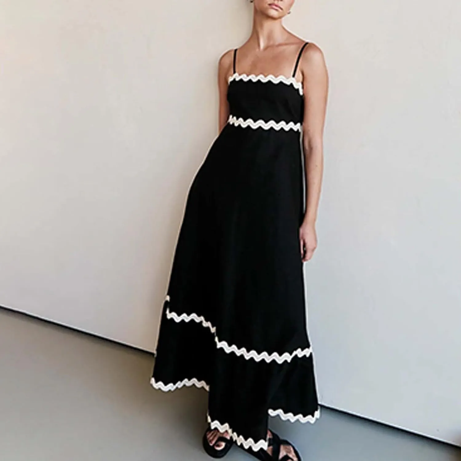 Maxi Dress for Women Plus Size Sleeveless Prom Dress Summer Boho Dresses Wedding Guest Dress Smocked Rickrack Trim