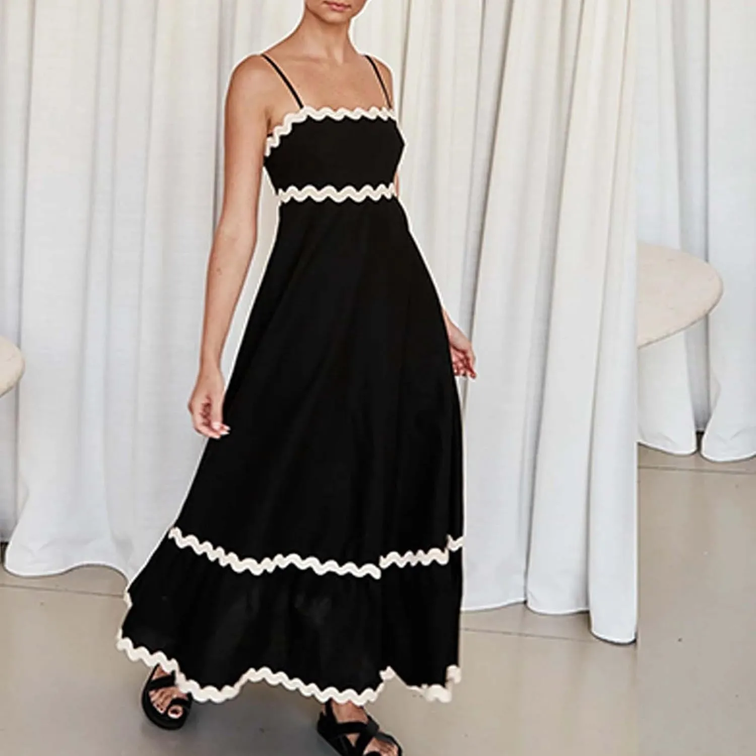 Maxi Dress for Women Plus Size Sleeveless Prom Dress Summer Boho Dresses Wedding Guest Dress Smocked Rickrack Trim