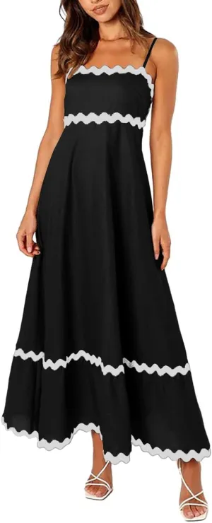 Maxi Dress for Women Plus Size Sleeveless Prom Dress Summer Boho Dresses Wedding Guest Dress Smocked Rickrack Trim