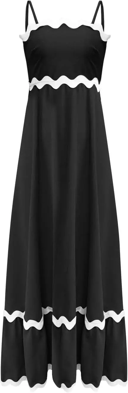 Maxi Dress for Women Plus Size Sleeveless Prom Dress Summer Boho Dresses Wedding Guest Dress Smocked Rickrack Trim