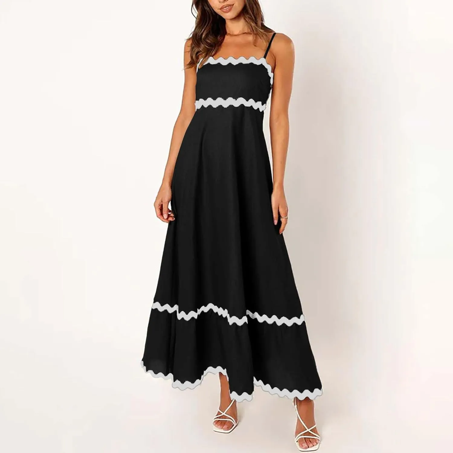 Maxi Dress for Women Plus Size Sleeveless Prom Dress Summer Boho Dresses Wedding Guest Dress Smocked Rickrack Trim