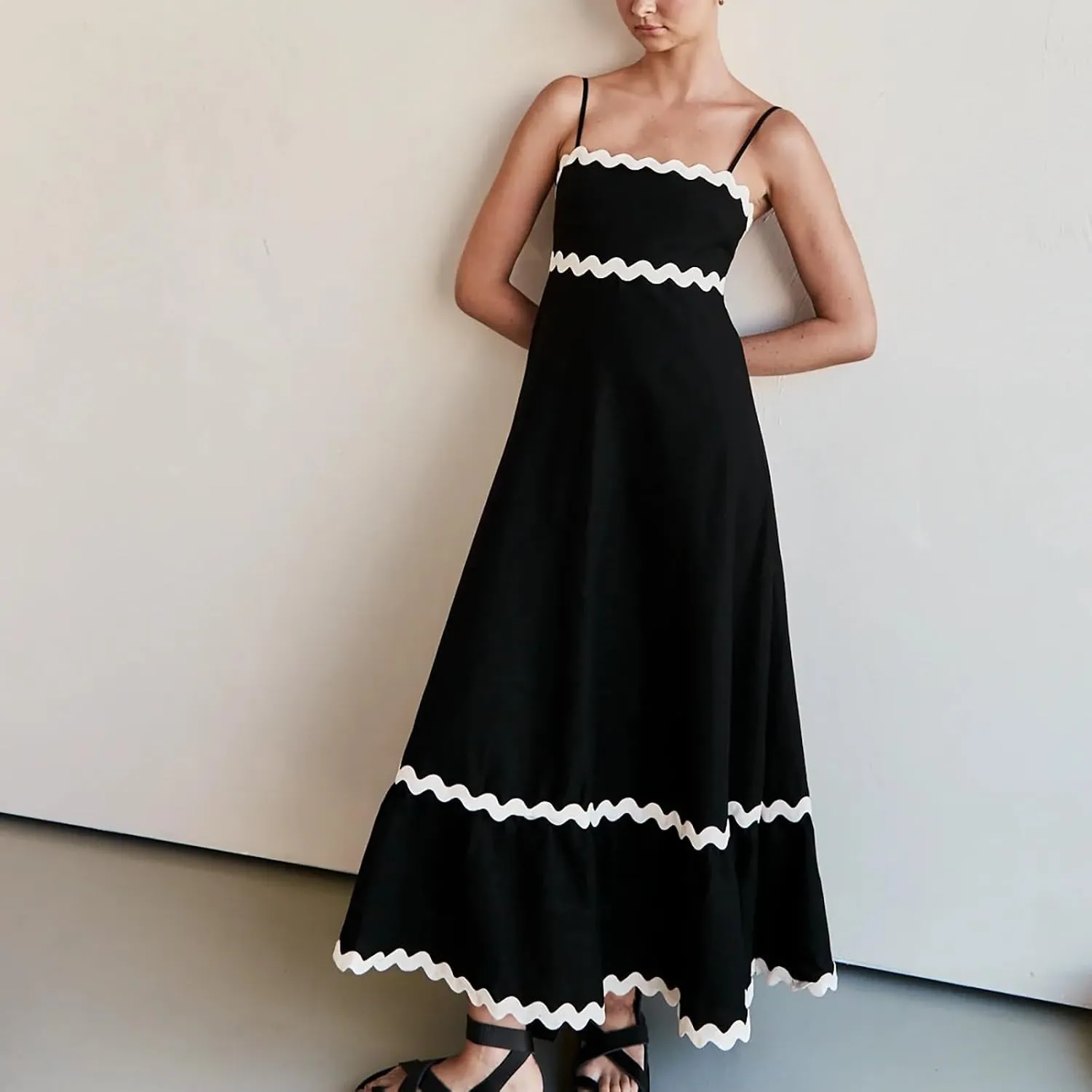 Maxi Dress for Women Plus Size Sleeveless Prom Dress Summer Boho Dresses Wedding Guest Dress Smocked Rickrack Trim