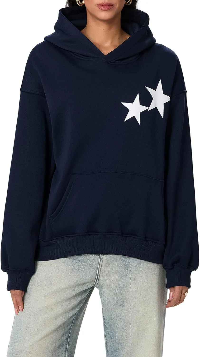 Meiweileya Womens Y2k Oversized Graphic Star Preppy Hoodies Sweatshirt Aesthetic Pullover Pockets Long Sleeve