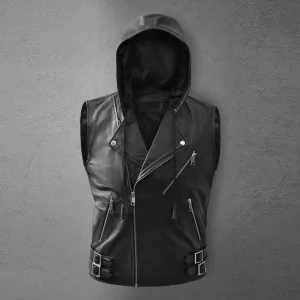 Men's Black Asymmetrical Biker MC Club Leather Hooded Vest