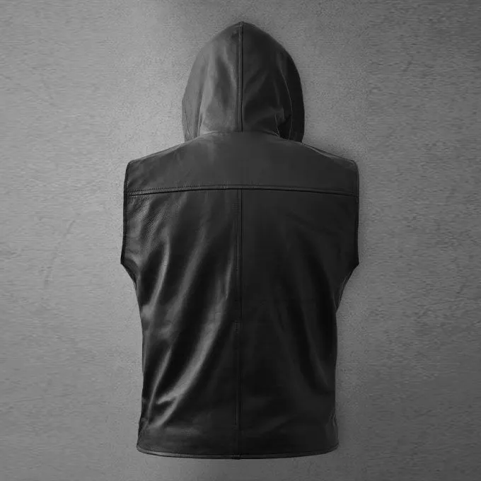 Men's Black Asymmetrical Biker MC Club Leather Hooded Vest