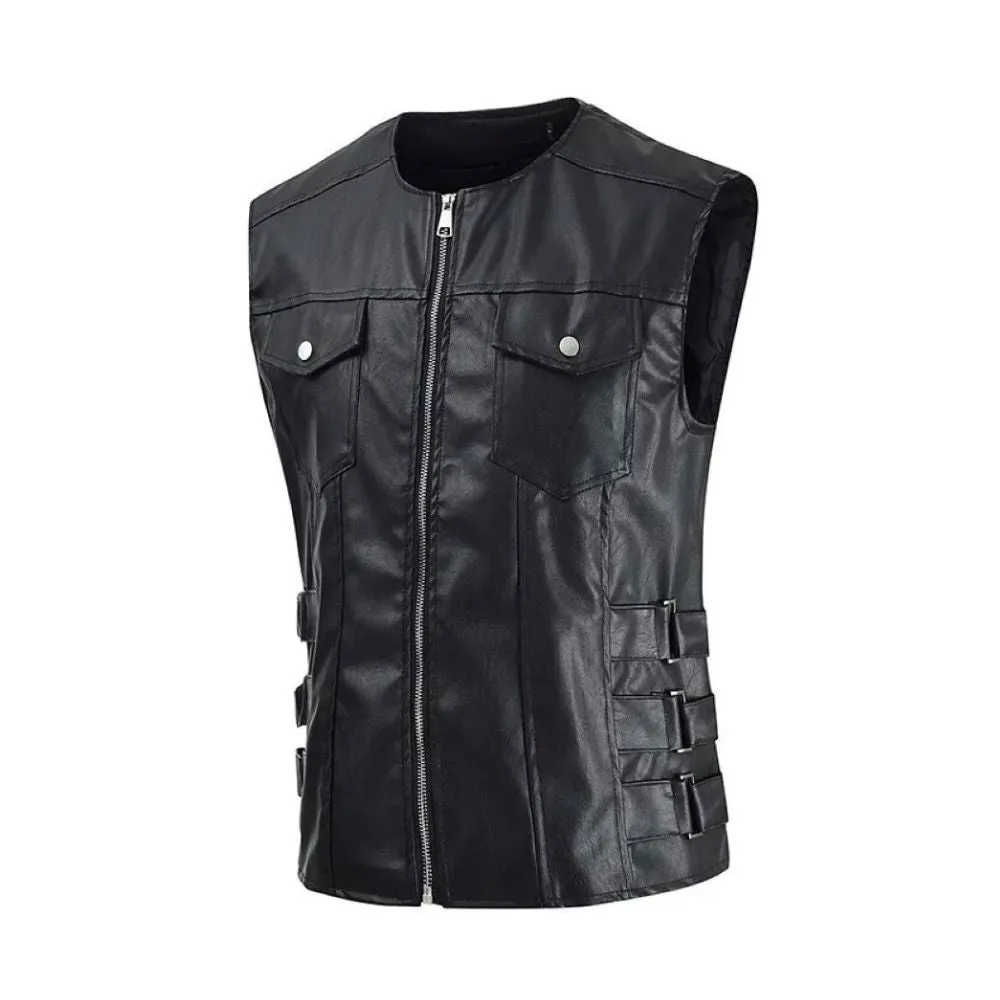 Men’s Black Sleeveless Genuine Lambskin Leather Moto Biker Waistcoat