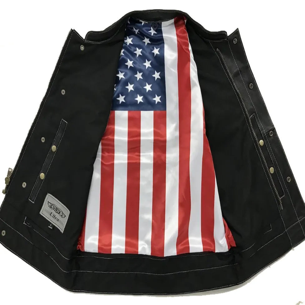 Men's Leather Motorcycle Club Vest with USA Flag Liner