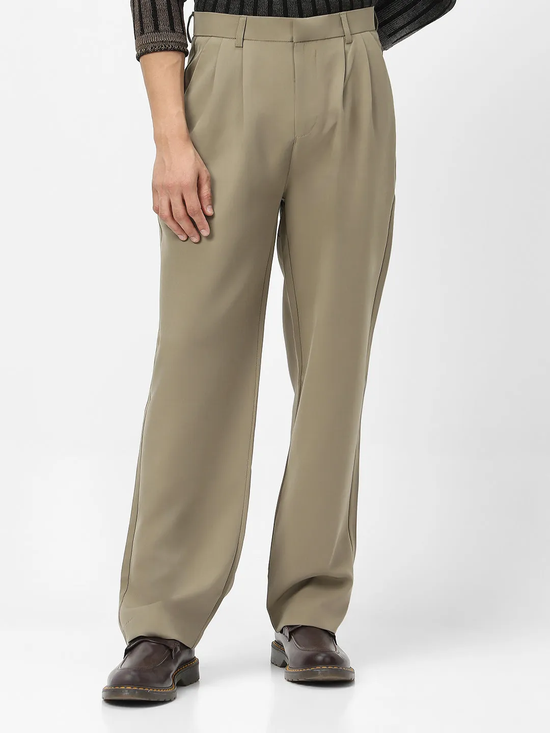 Men's Light Olive Loose Baggy Fit Solid Korean Trousers Stretchable