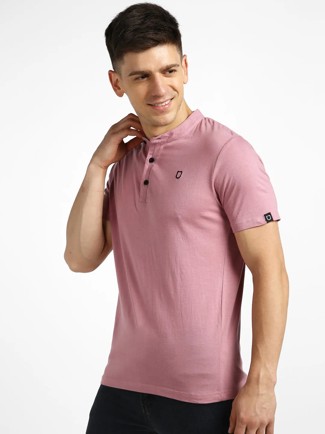 Men's Lilac Solid Mandarin Collar Slim Fit Half Sleeve Cotton T-Shirt