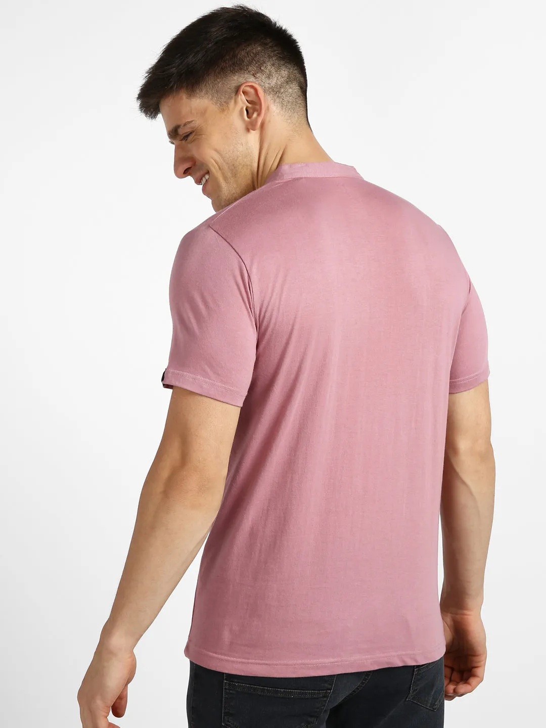 Men's Lilac Solid Mandarin Collar Slim Fit Half Sleeve Cotton T-Shirt