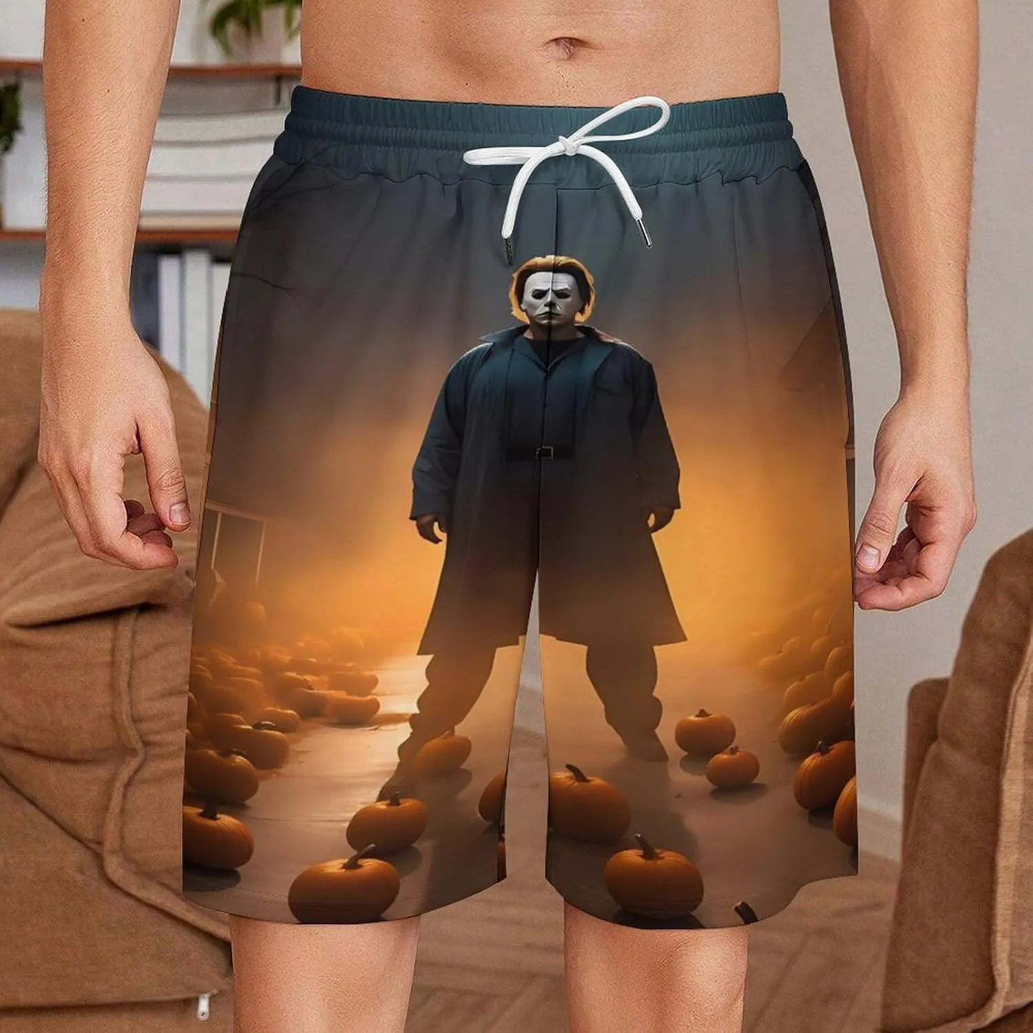 Men's Short Sweatpants Halloween Michael Myers Beachwear Hawaiian Short Pants Swimsuits Beach Shorts with Pockets