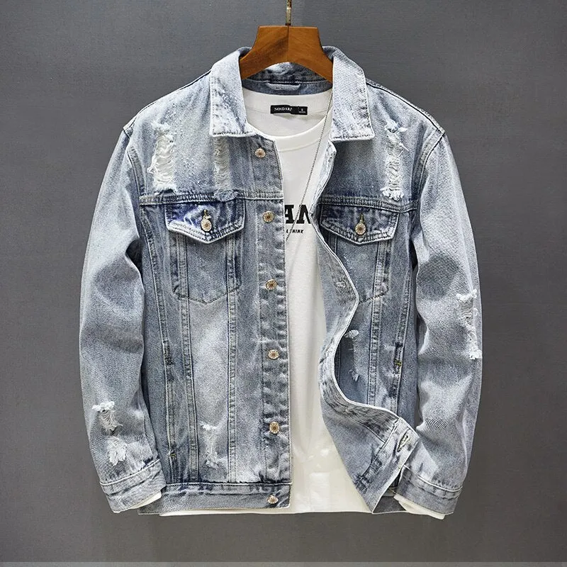Men's Slim Ripped Hole Vintage Denim Coat Embroidery Patch