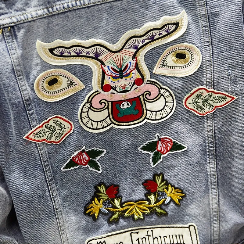 Men's Slim Ripped Hole Vintage Denim Coat Embroidery Patch