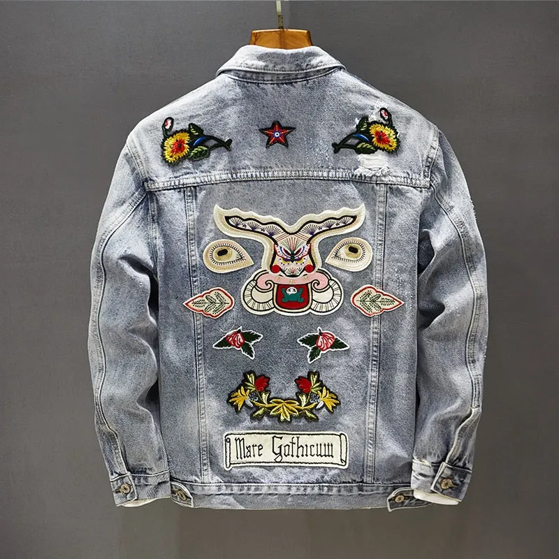 Men's Slim Ripped Hole Vintage Denim Coat Embroidery Patch