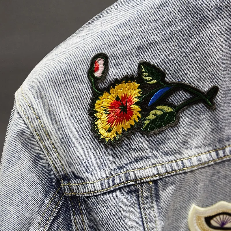 Men's Slim Ripped Hole Vintage Denim Coat Embroidery Patch