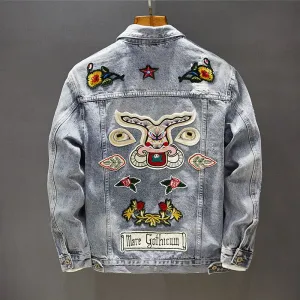 Men's Slim Ripped Hole Vintage Denim Coat Embroidery Patch