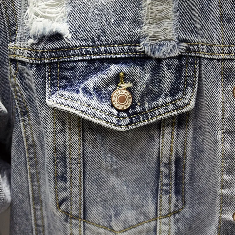 Men's Slim Ripped Hole Vintage Denim Coat Embroidery Patch