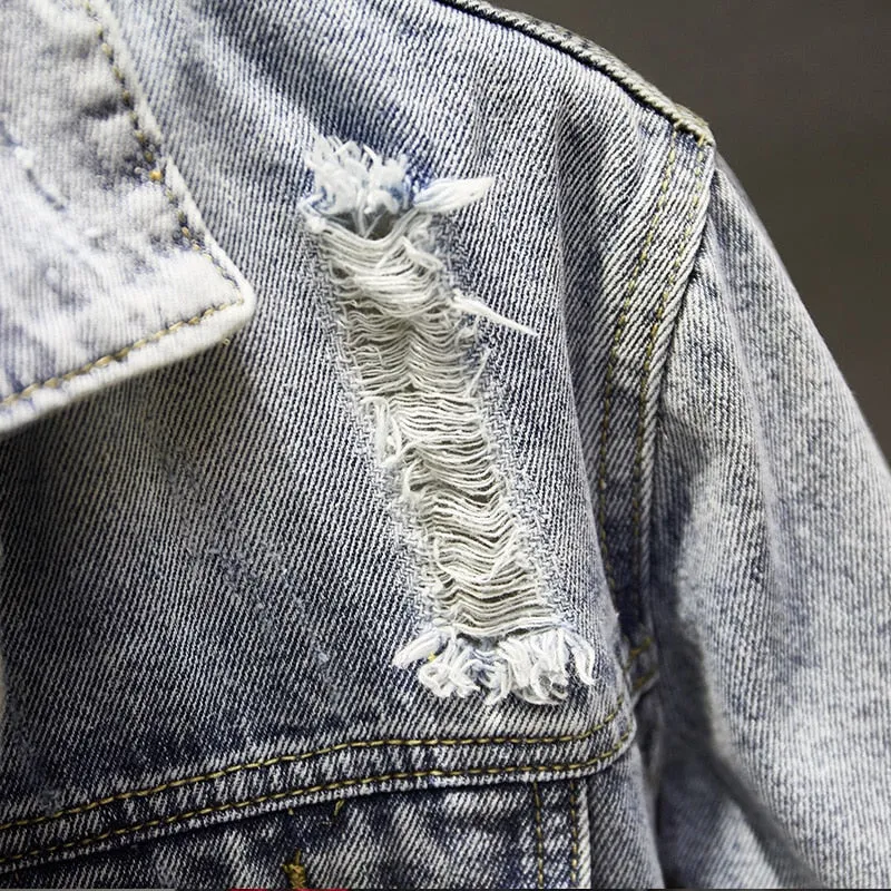 Men's Slim Ripped Hole Vintage Denim Coat Embroidery Patch