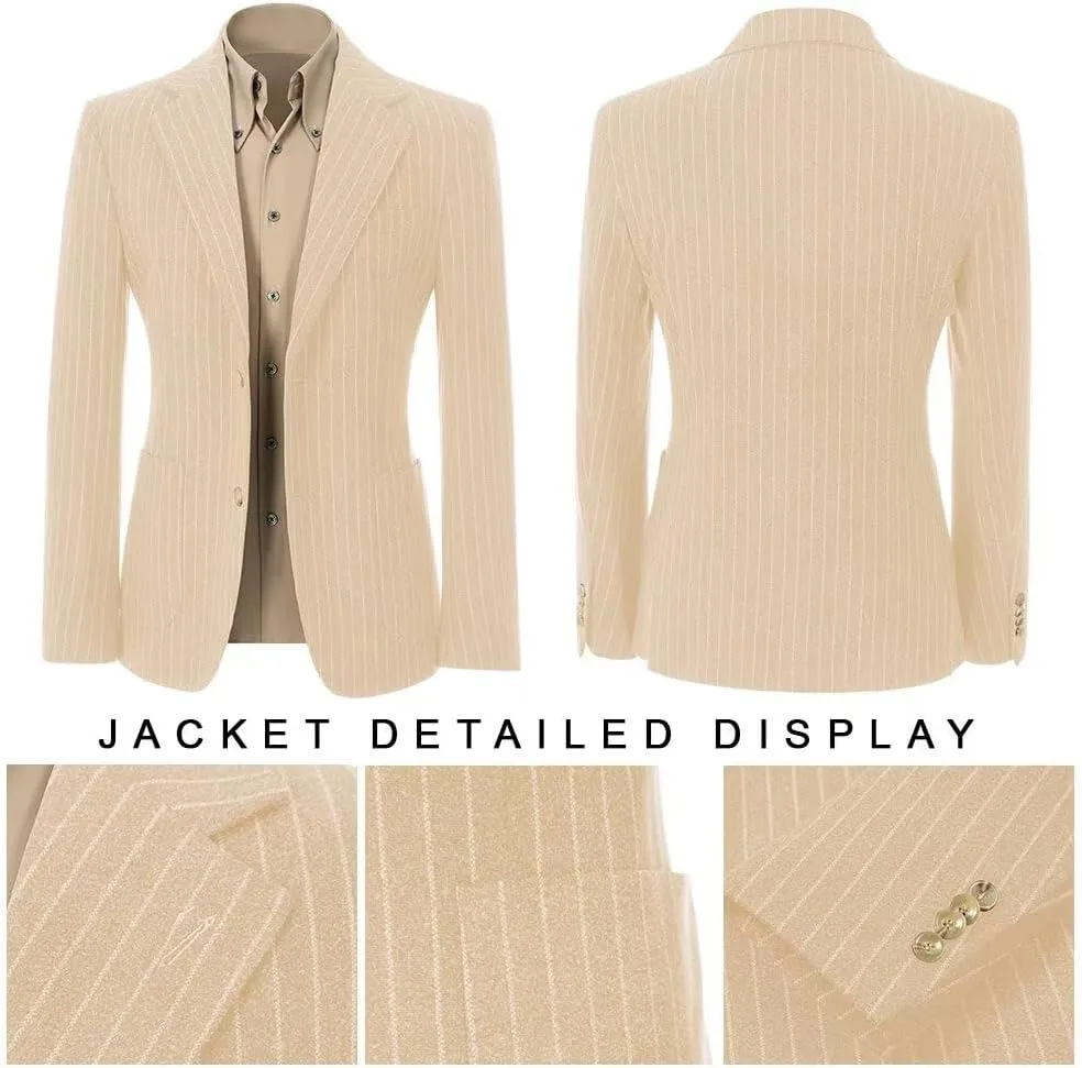 Mens Suit Slim Fit 2 Piece Classic Pinstripe Tweed Suits for Men Wedding Business Tuxedo Blazer Jacket Pants Set