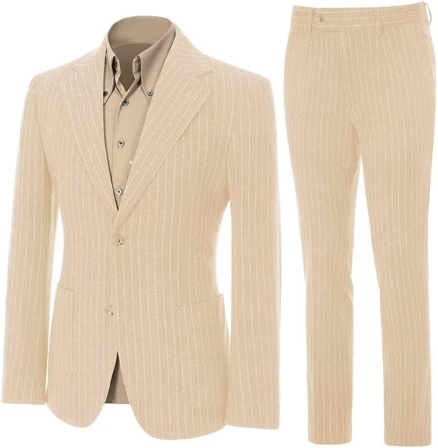 Mens Suit Slim Fit 2 Piece Classic Pinstripe Tweed Suits for Men Wedding Business Tuxedo Blazer Jacket Pants Set
