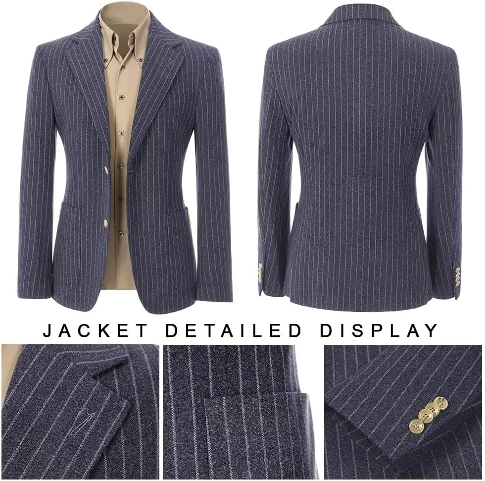 Mens Suit Slim Fit 2 Piece Classic Pinstripe Tweed Suits for Men Wedding Business Tuxedo Blazer Jacket Pants Set
