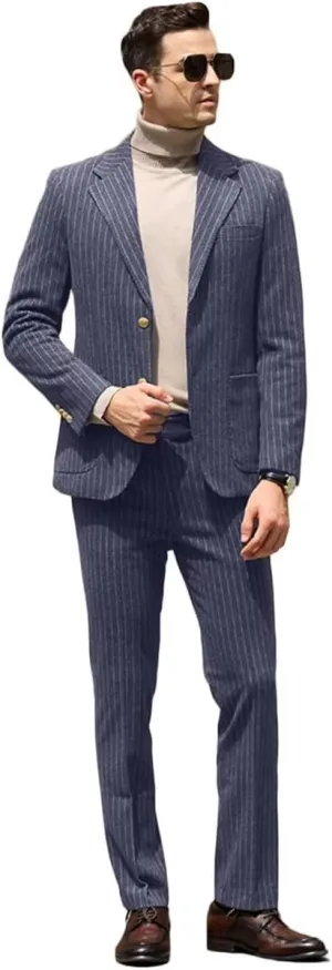 Mens Suit Slim Fit 2 Piece Classic Pinstripe Tweed Suits for Men Wedding Business Tuxedo Blazer Jacket Pants Set