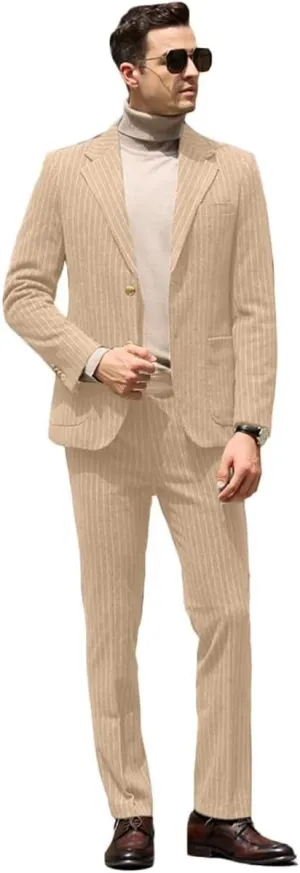 Mens Suit Slim Fit 2 Piece Classic Pinstripe Tweed Suits for Men Wedding Business Tuxedo Blazer Jacket Pants Set