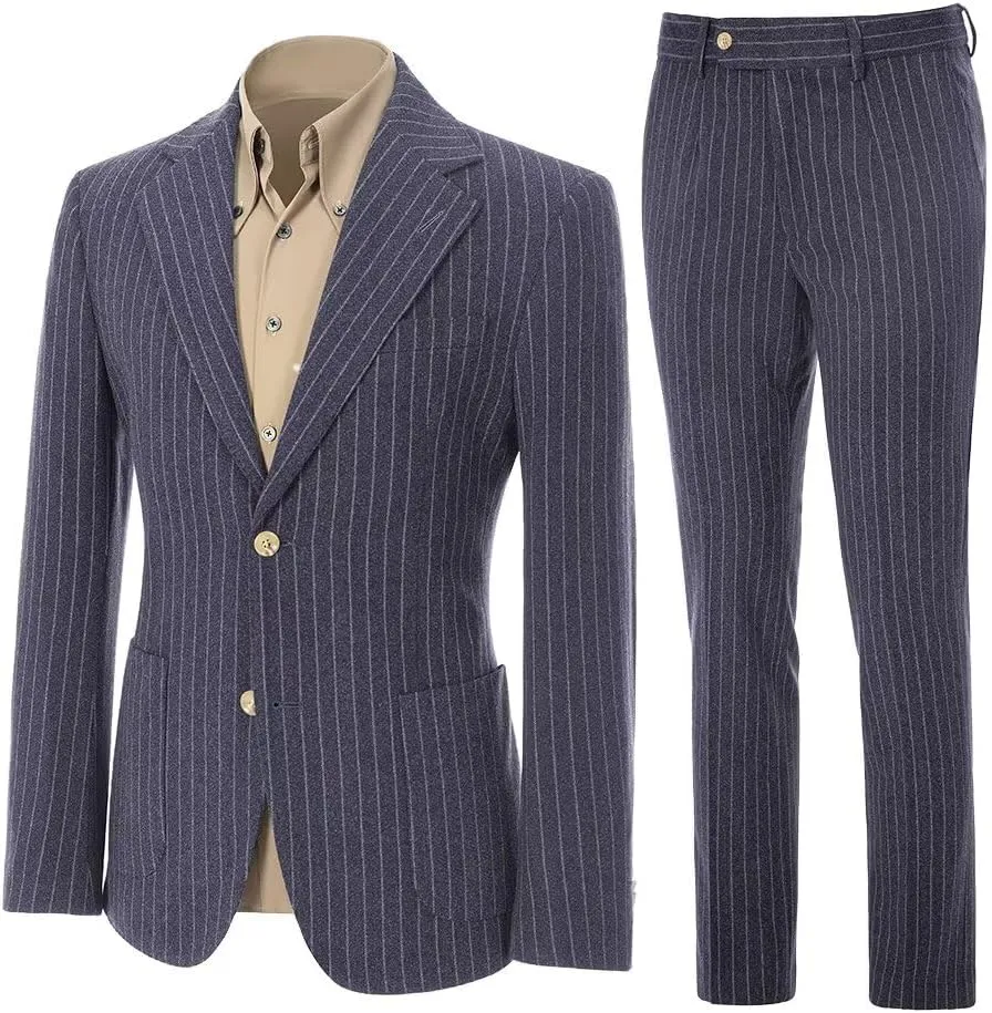 Mens Suit Slim Fit 2 Piece Classic Pinstripe Tweed Suits for Men Wedding Business Tuxedo Blazer Jacket Pants Set