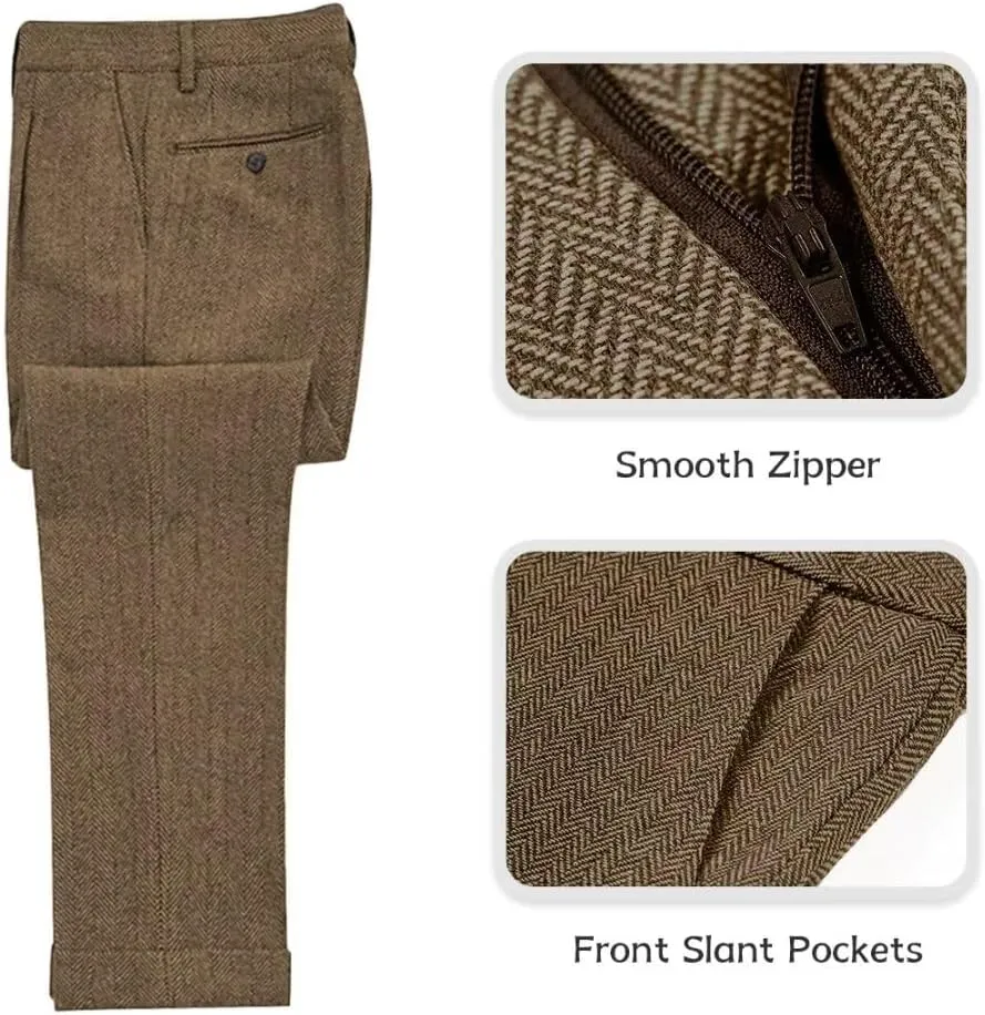 Men's Tweed Herringbone Suit 3 Piece Retro Slim Fit Prom Wedding Groom Tuxedos Set Brown Blazer Vest Pants