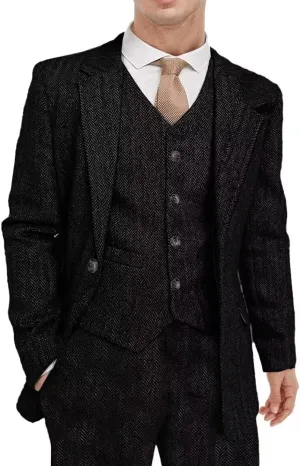 Men's Tweed Herringbone Suit 3 Piece Retro Slim Fit Prom Wedding Groom Tuxedos Set Brown Blazer Vest Pants