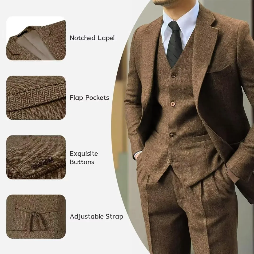 Men's Tweed Herringbone Suit 3 Piece Retro Slim Fit Prom Wedding Groom Tuxedos Set Brown Blazer Vest Pants