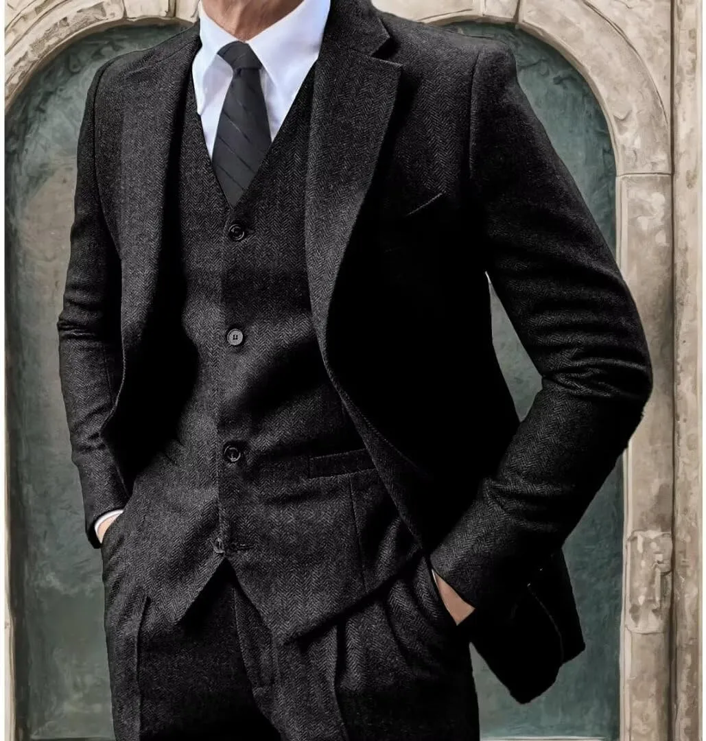 Men's Tweed Herringbone Suit 3 Piece Retro Slim Fit Prom Wedding Groom Tuxedos Set Brown Blazer Vest Pants