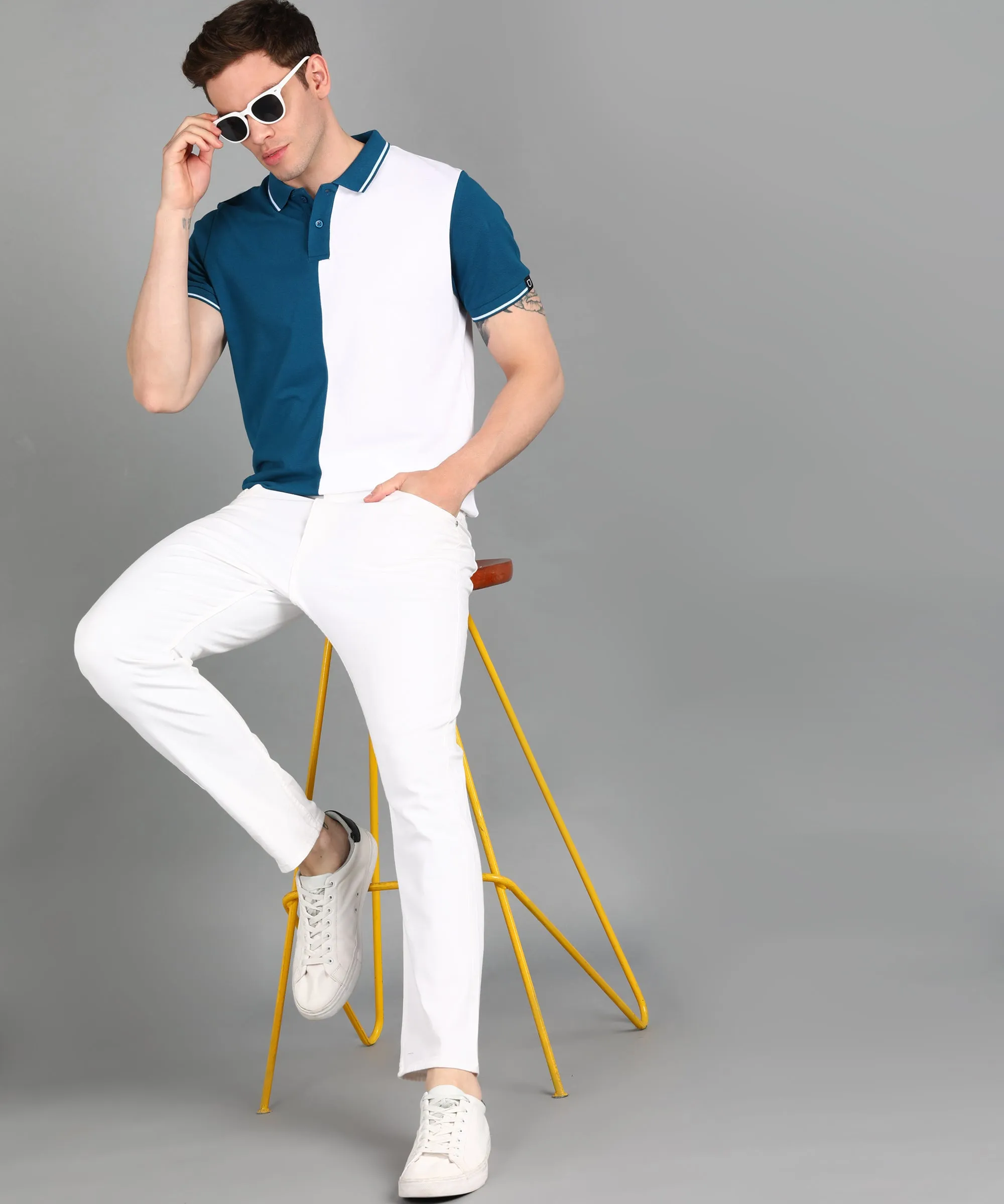 Men's White, Blue Colour-Block Slim Fit Half Sleeve Cotton Polo T-Shirt