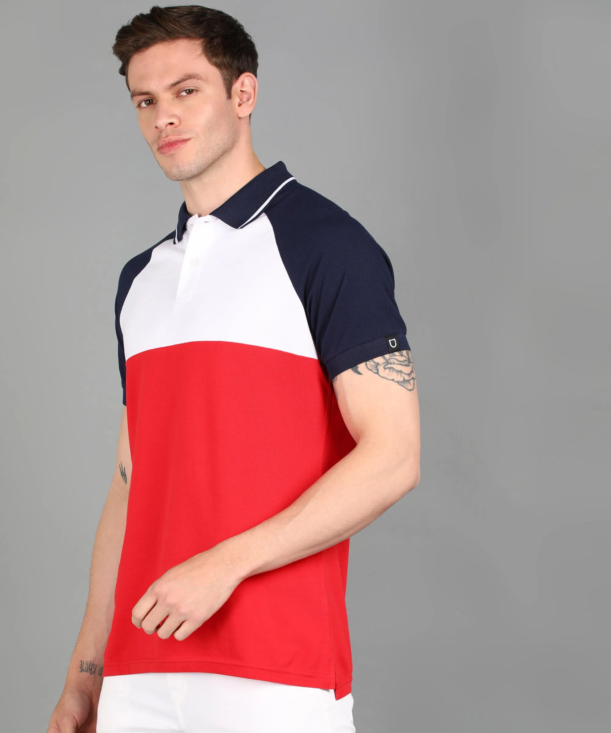 Men's White, Navy, Red Colour-Block Slim Fit Half Sleeve Cotton Polo T-Shirt