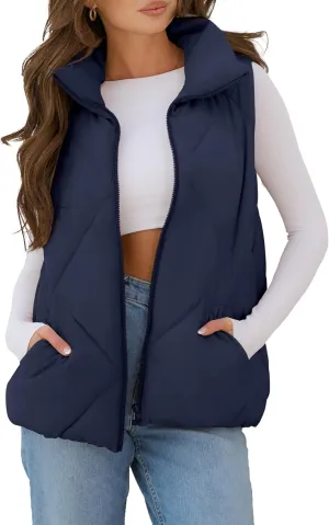MEROKEETY Womens 2025 Puffer Vest Sleeveless Zip Up Quilted Coat Stand Collar Gilet Jacket With Pockets