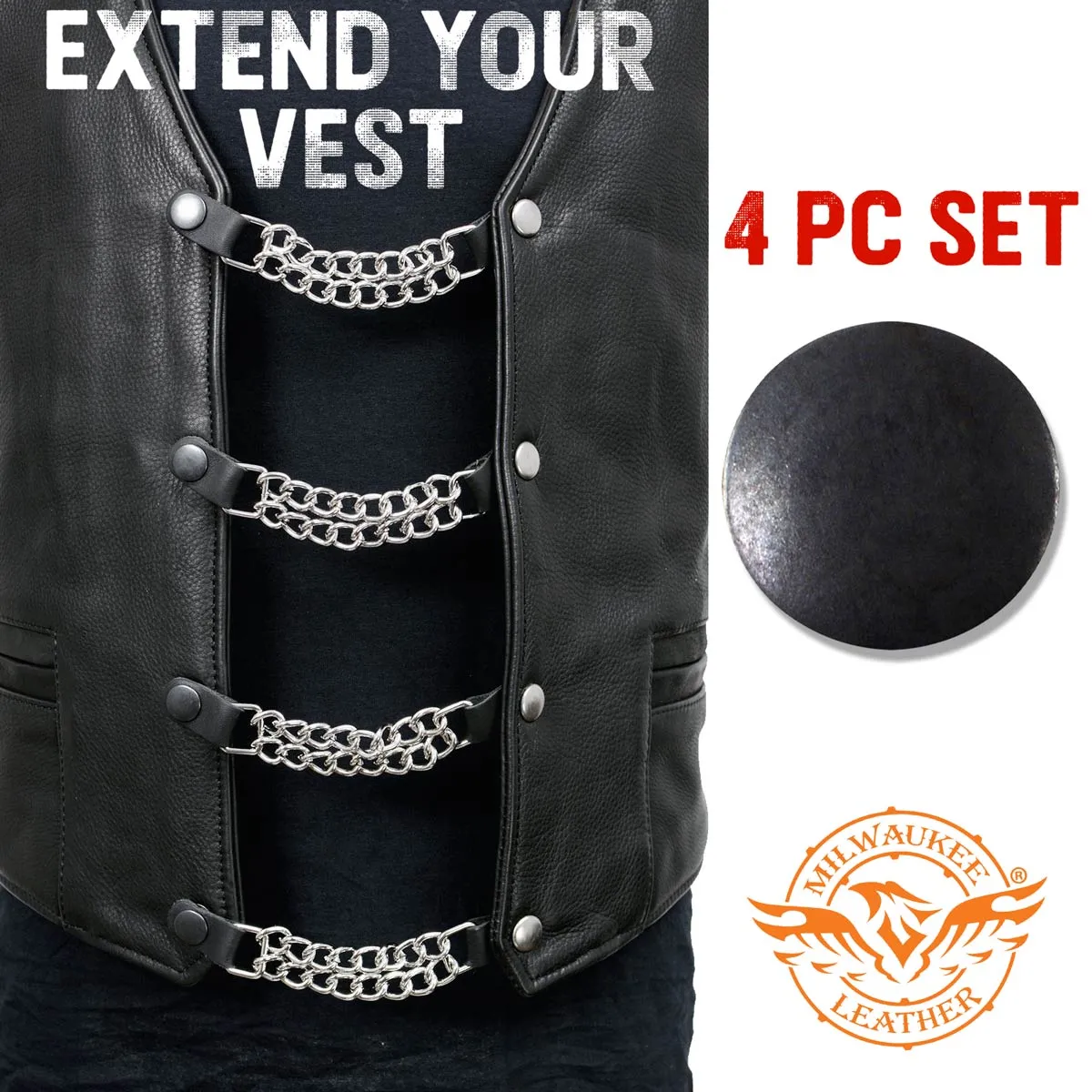 Milwaukee Leather Black Medallion Vest Extender - Double Chrome Chains