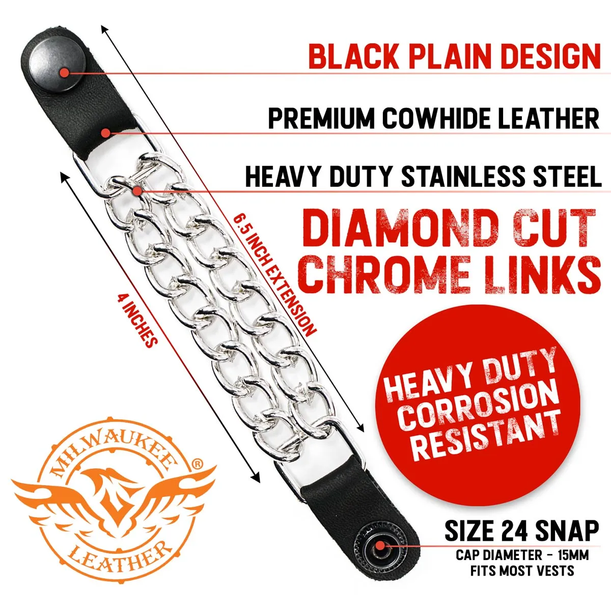 Milwaukee Leather Black Medallion Vest Extender - Double Chrome Chains