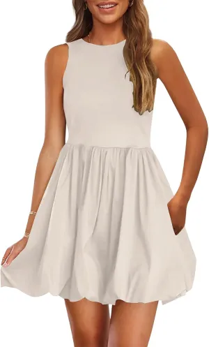 Mini Dress for Women Bubble Sundress Sleeveless Ruffle Hem Dresses High Waist Solid Color Tank Mini Dresses 2025