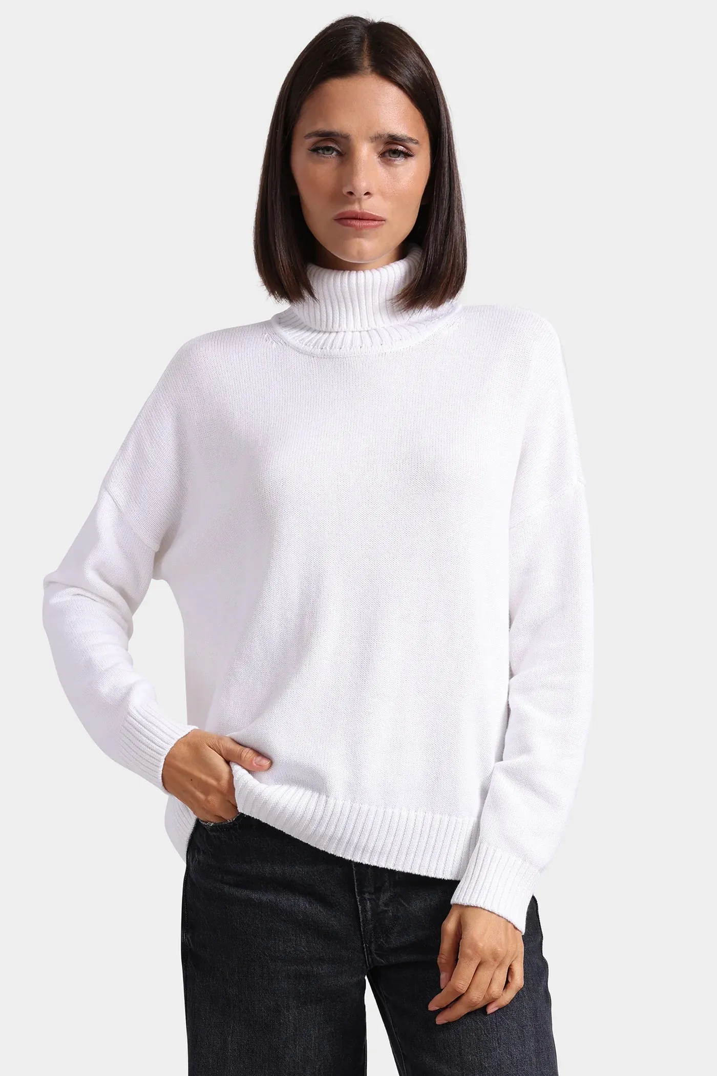 Minnie Rose Cotton Cashmere Boxy Turtleneck