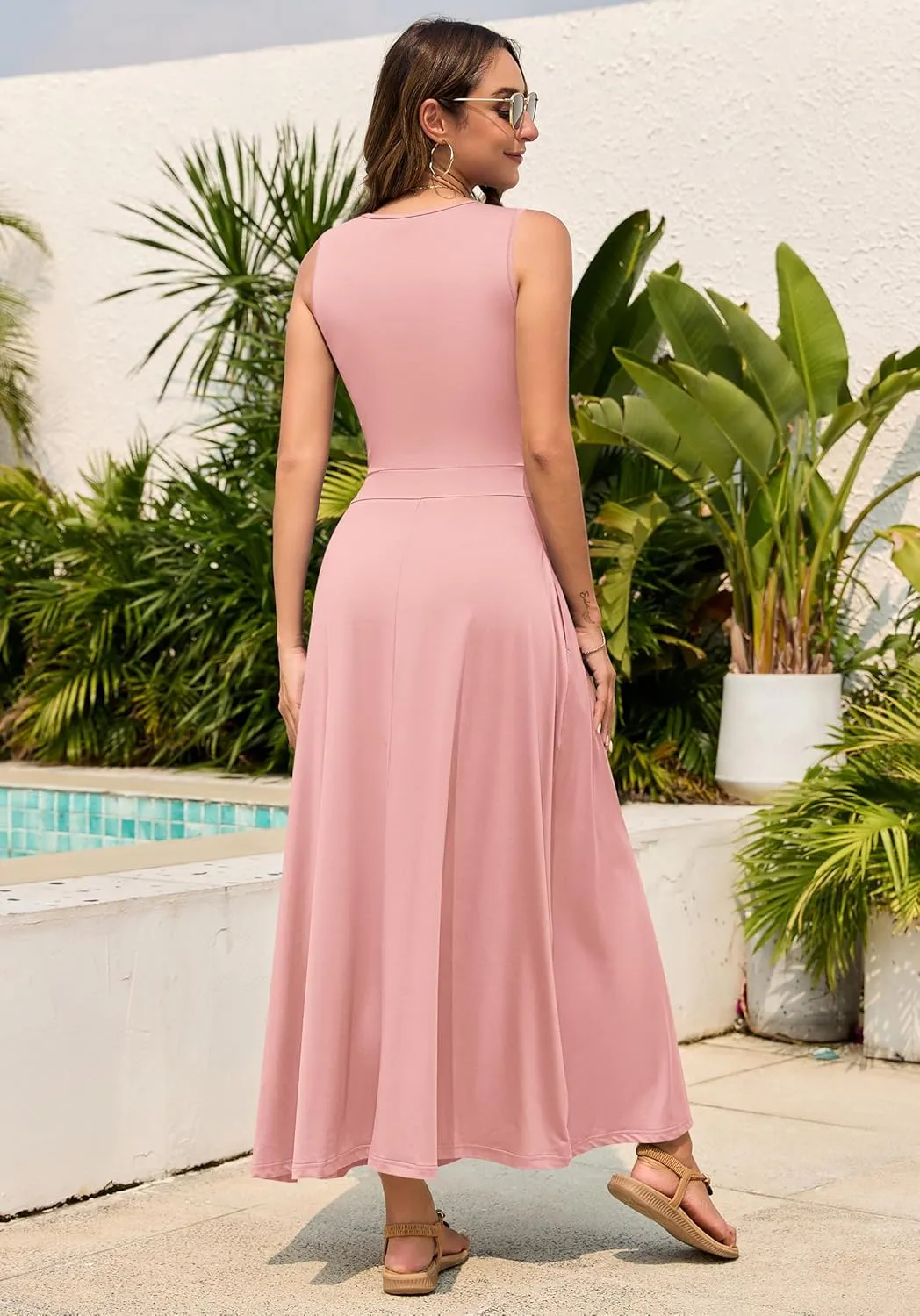 MISFAY Women Maxi Dress 2025 Summer Casual Sleeveless Sundress Wrap V Neck Long Dresses Vacation Loose Dress with Pockets