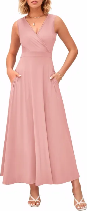 MISFAY Women Maxi Dress 2025 Summer Casual Sleeveless Sundress Wrap V Neck Long Dresses Vacation Loose Dress with Pockets