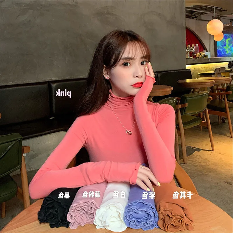 Modal Matching Fitting Ruffle Trendy Sexy Women High Collar T-Shirt