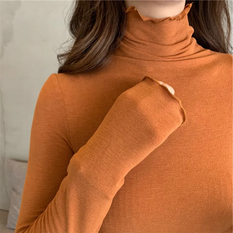 Modal Matching Fitting Ruffle Trendy Sexy Women High Collar T-Shirt