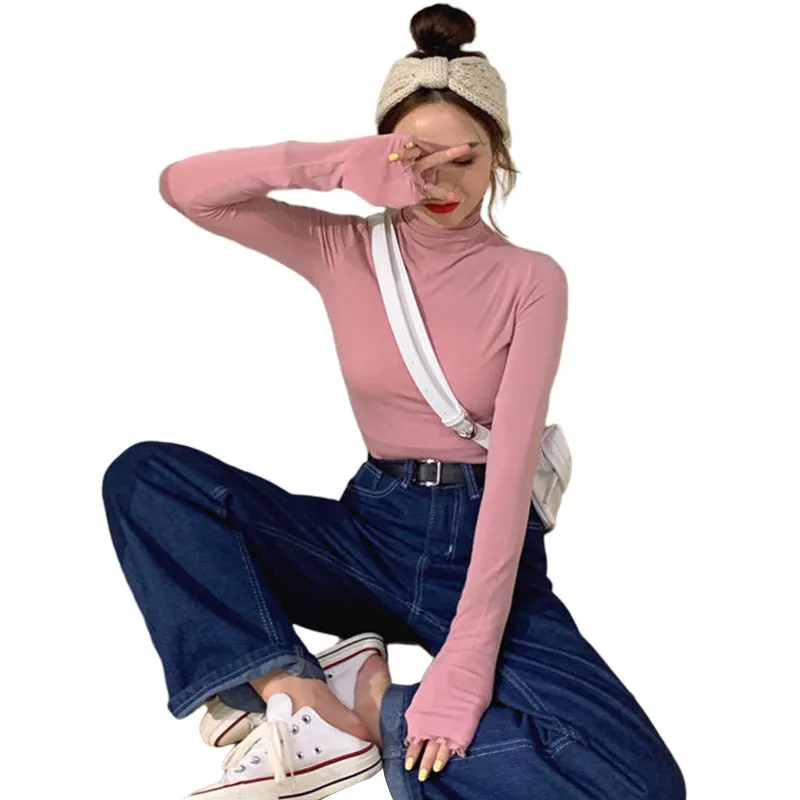 Modal Matching Fitting Ruffle Trendy Sexy Women High Collar T-Shirt