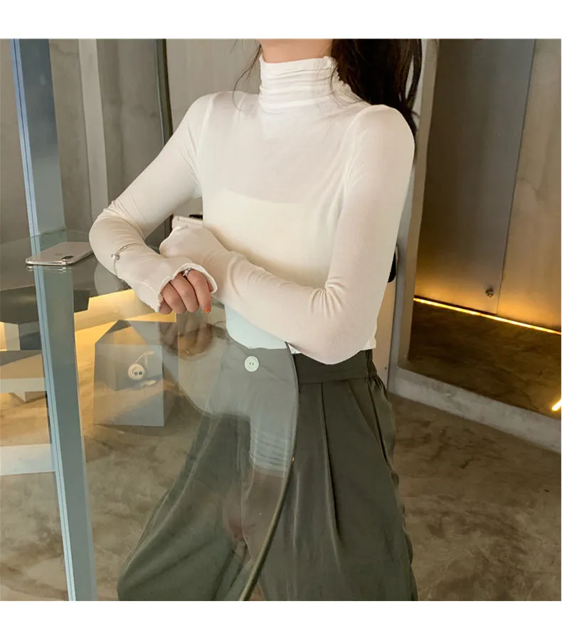 Modal Matching Fitting Ruffle Trendy Sexy Women High Collar T-Shirt
